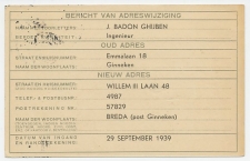 Verhuiskaart G. 13 Particulier bedrukt Ginneken 1939