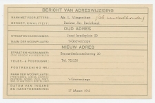 Verhuiskaart Den Haag - Boekelo 1943 i.v.m. bouw Atlantikwal