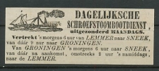 Advertentie 1866 Stoombootdienst Lemmer - Sneek - Groningen