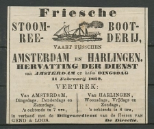 Advertentie 1862 Stoomboot Amsterdam - Harlingen