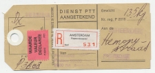 Postzaklabel Aangetekend / Waarde Amsterdam Pasmuntkassier 1984
