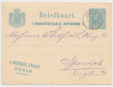 Briefkaart G. 17 / 20 A-krt. Venlo - Ipswich GB/ UK 1880 