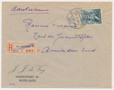 Aangetekend Middelburg 1945 - Overstempeld strookje St. Laurens 